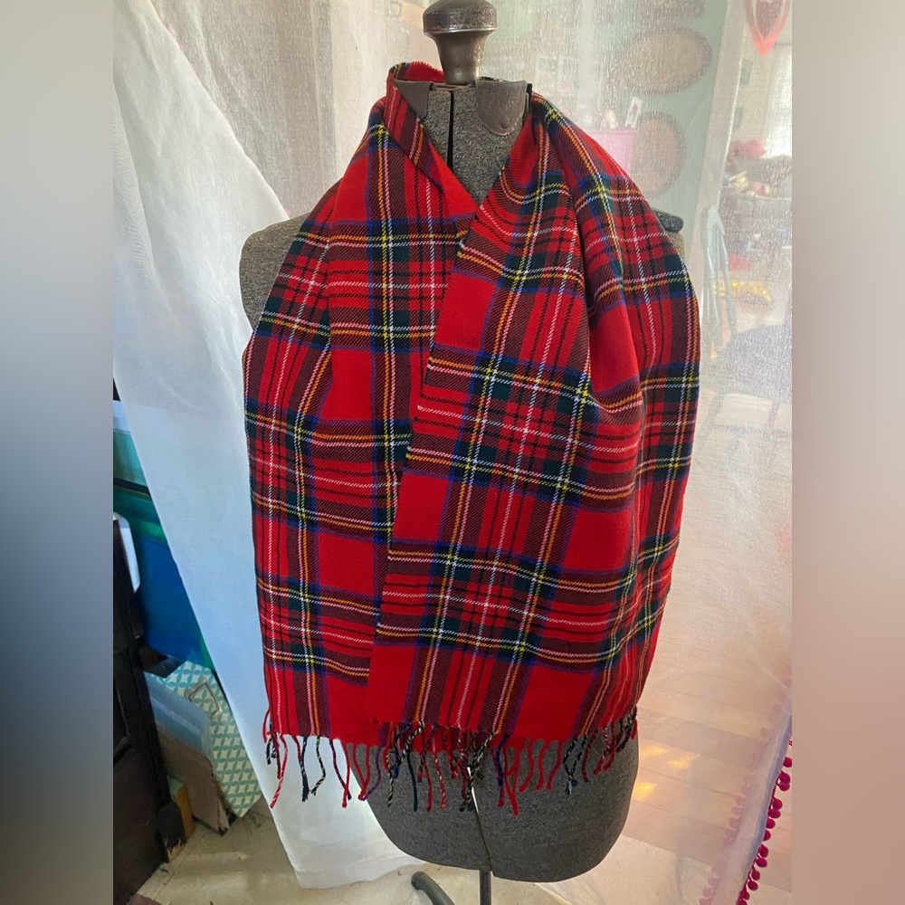 Royal Stewart Tartan Scarf w Fringe 12"x49" heritage Plaid Red Blue Green Yellow